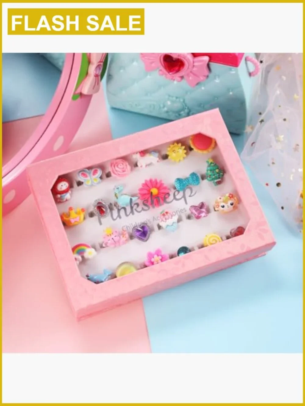 24 Adjustable Dress Up Rings in Gift Box, Pretend Play Jewelry Set
